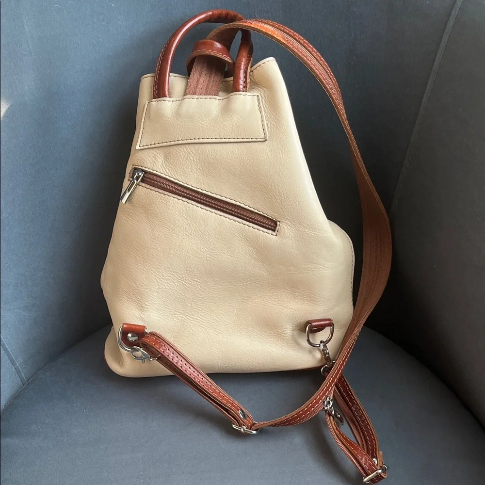 Cream and Brown Leather Sling Backpack